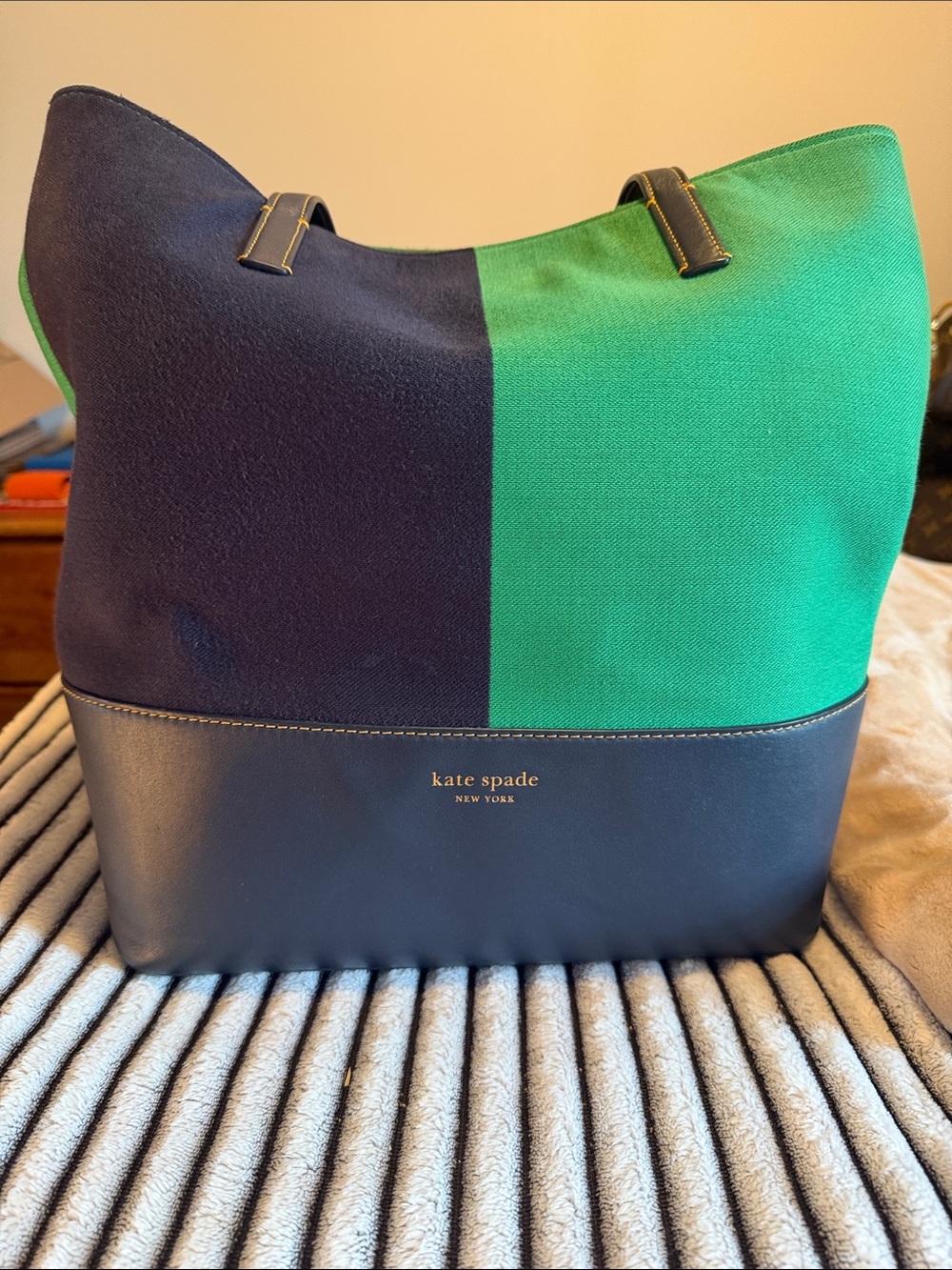 kate spade Two-Tone Navy and Green Canvas & Leather Tote